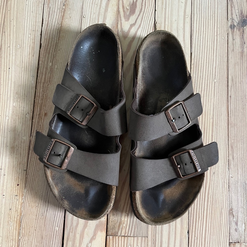 Birkenstock Arizona Slide Sandal EU 42 Mocha Brown Double Strap Buckle Cork boho - Picture 3 of 11
